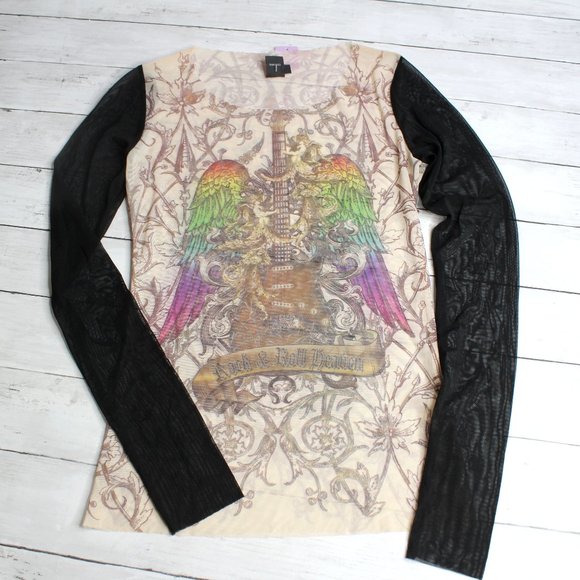 Vintage Womens Graphic Mesh T Shirt Top Size L Tattoo Art Guitar Wings - Picture 2 of 7